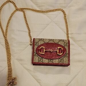 Gucci Beige GG Canvas Mini Chain Wallet with Red Trim and Gold Hardware